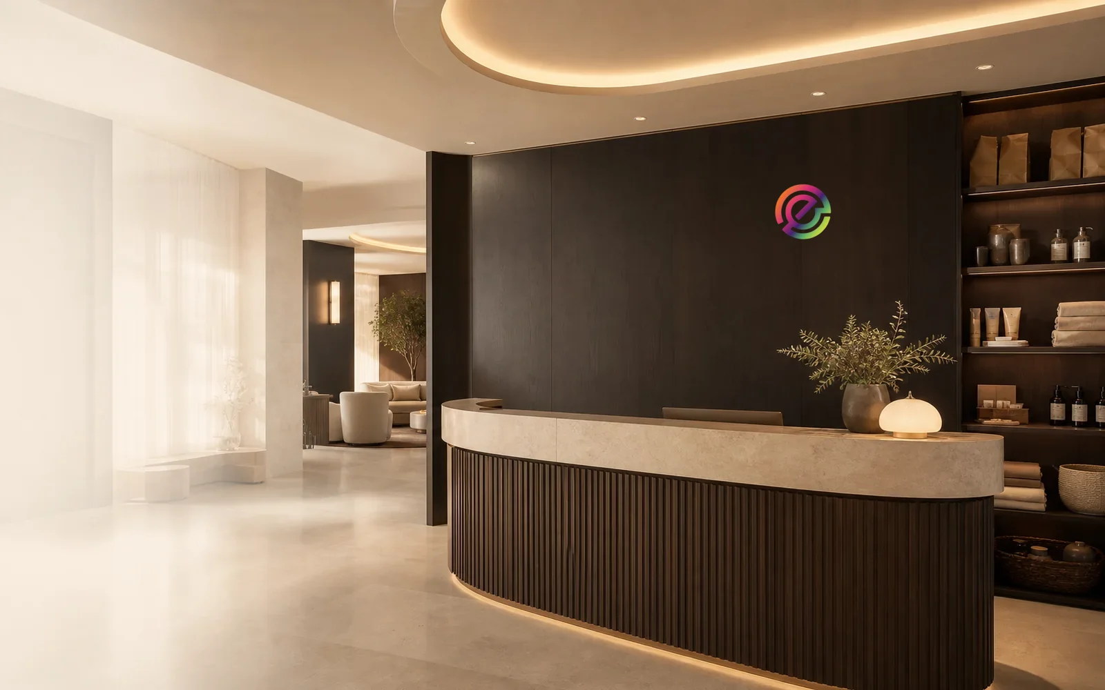 Conceptual Evergrow reception and retail space with warm lighting